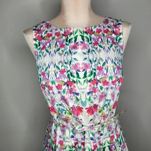 Talbots Blue Pink Falling Floral Rose Fit Flare Pockets  Dress 6 Petite Lovely M - Picture 2 of 10